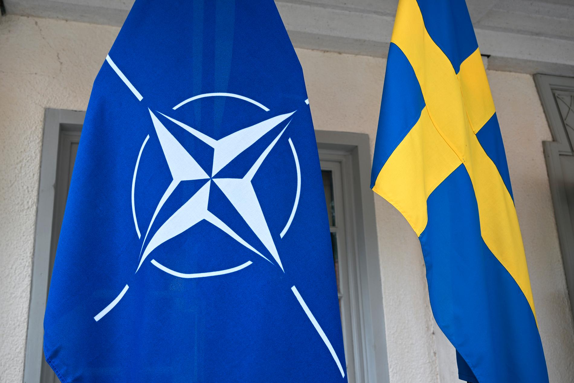 Natos flagga och Sveriges flagga vajar bredvid varandra vid Harpsund. Bilden togs i samband med generalsekreteraren Jens Stoltenbergs besök i somras.