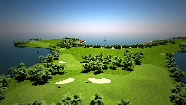 Den flytande 18-håls golfbanan kommer att kräva flera öar, med 2-3 hål på varje.
