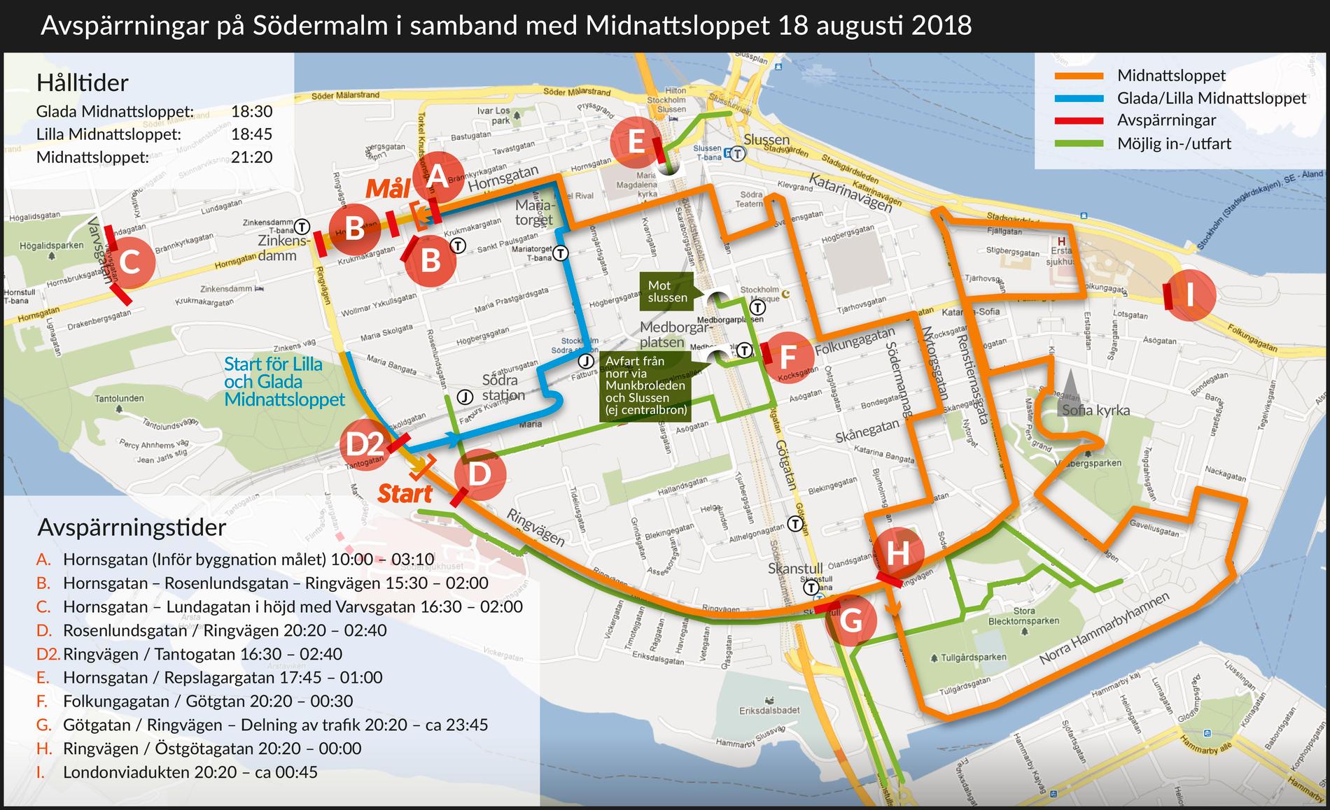 Avspärrningar i centrala Stockholm med anledning av Midnattsloppet. Pressbild.
