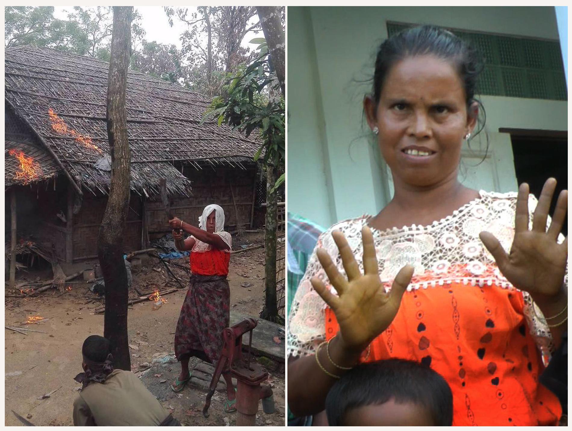 Bilden till vänster uppgavs visa hur en kvinna ur rohingya-befolkningen satte eld på sitt eget hus, i syfte att skylla dådet på regeringen. Men när AP:s journalister besökte området visade sig kvinnan vara hindu. 