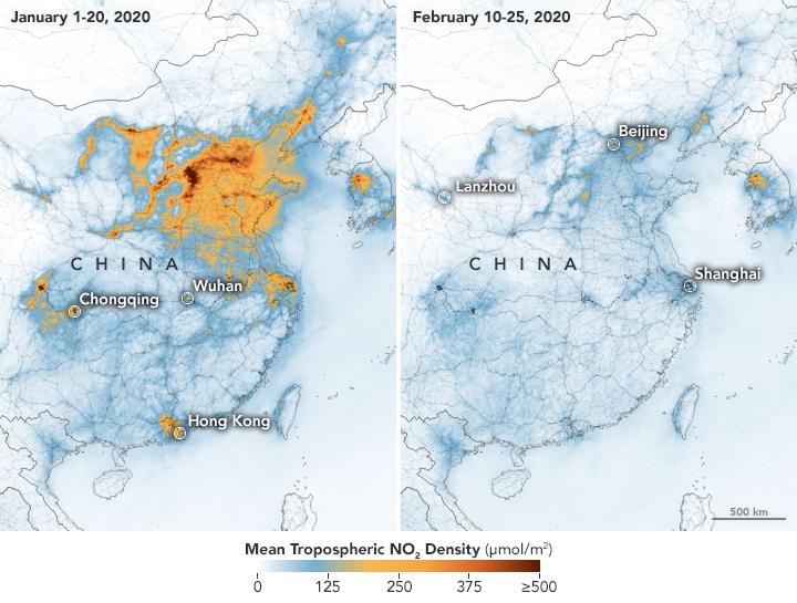 Halterna av den giftiga gasen kvävedioxid sjönk kraftigt i Kina i början av coronapandemin.
