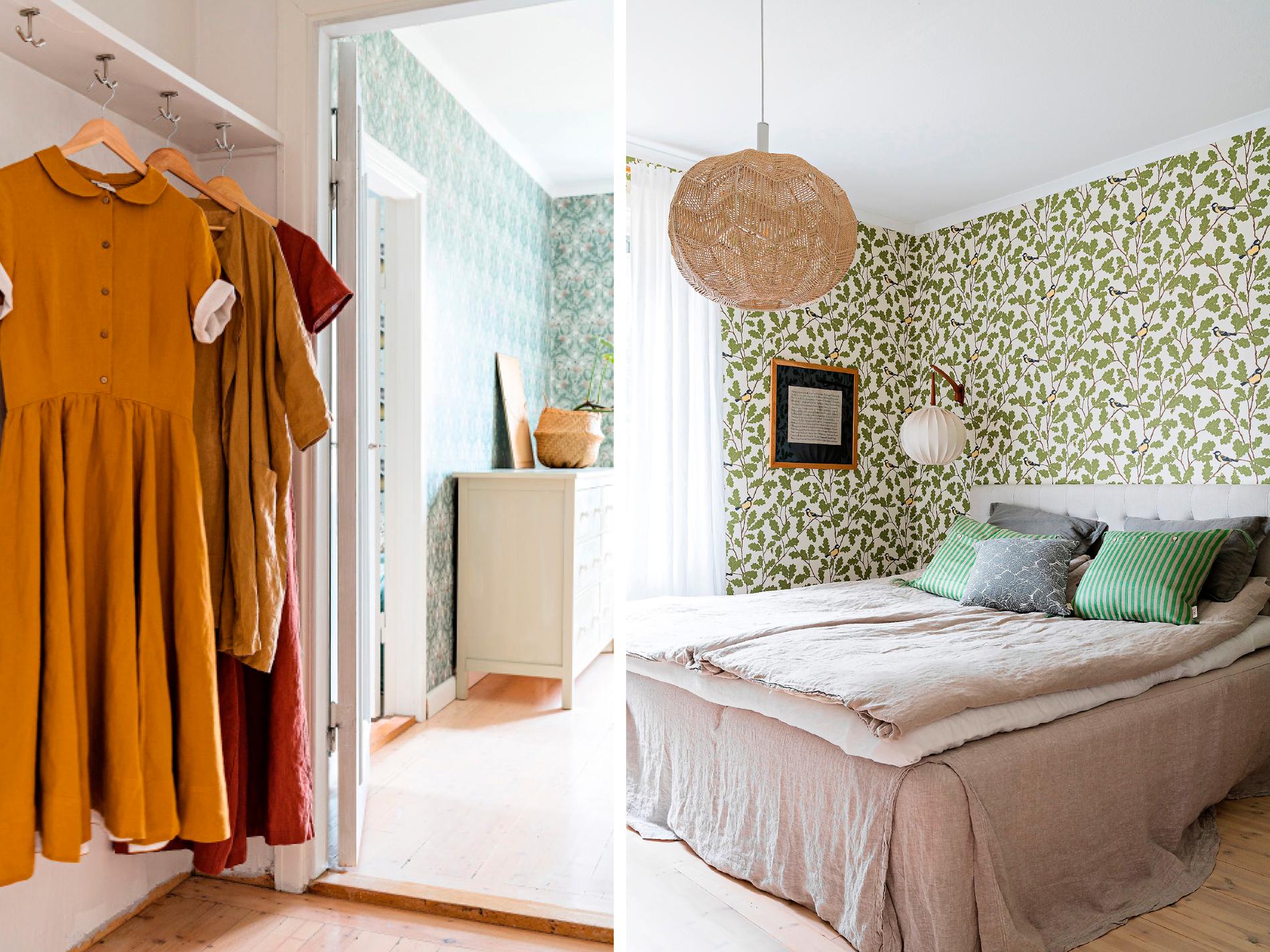 Gästrummets  mönstrade tapeter  är från Boråstapeter,  sängkläder från Lin living  och kuddar från Ellos.