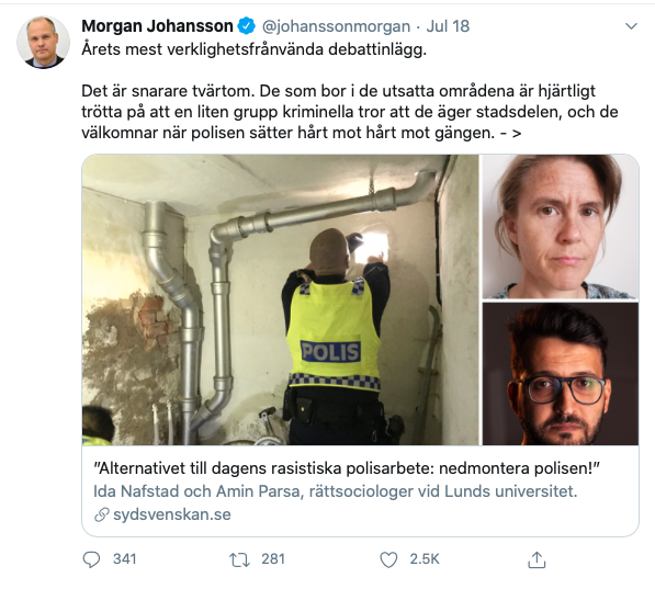 Justitieminister Morgan Johansson twittrade hård kritik.