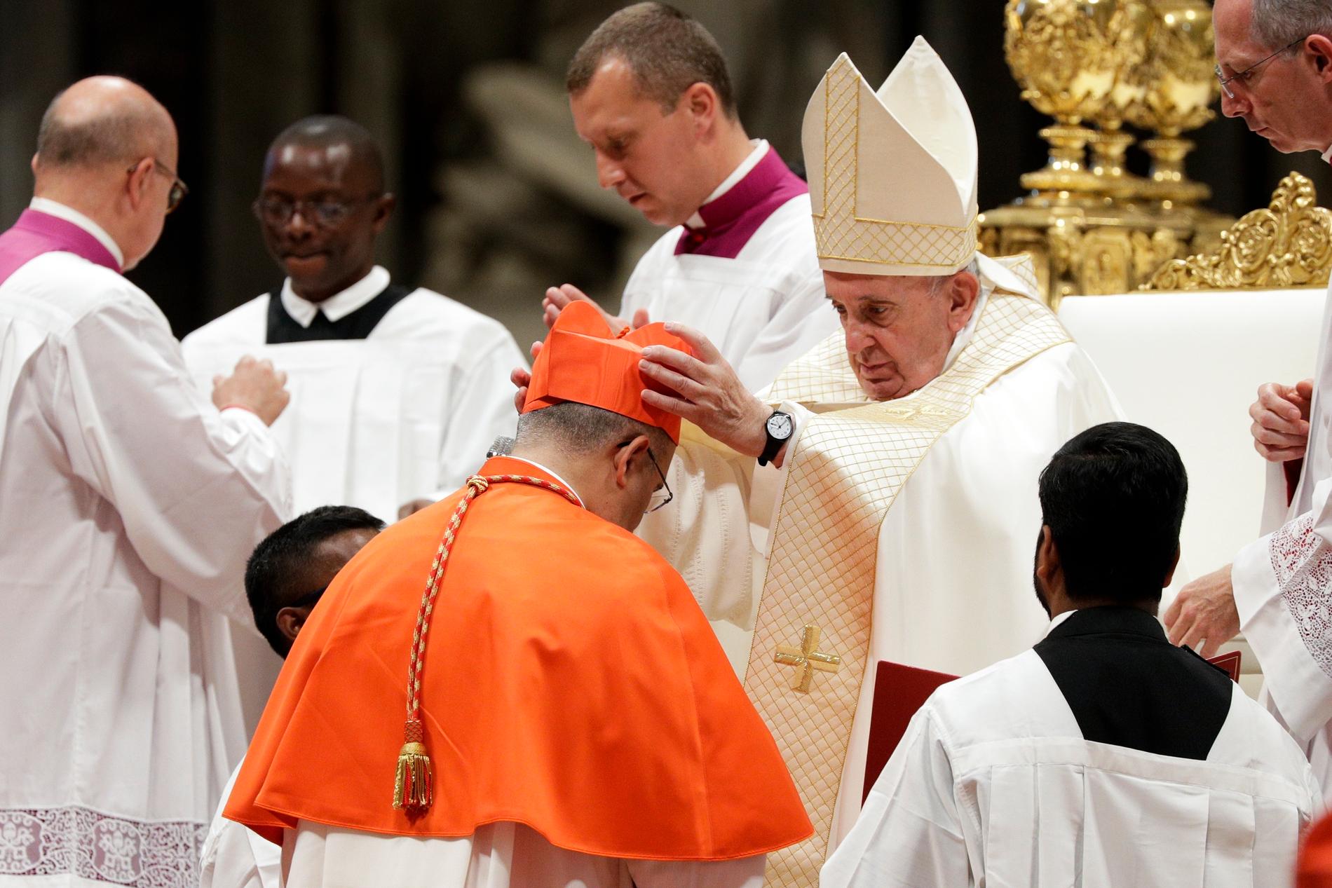 Portugisen José Tolentino Mendonça får sin kardinalhatt av påve Franciskus.