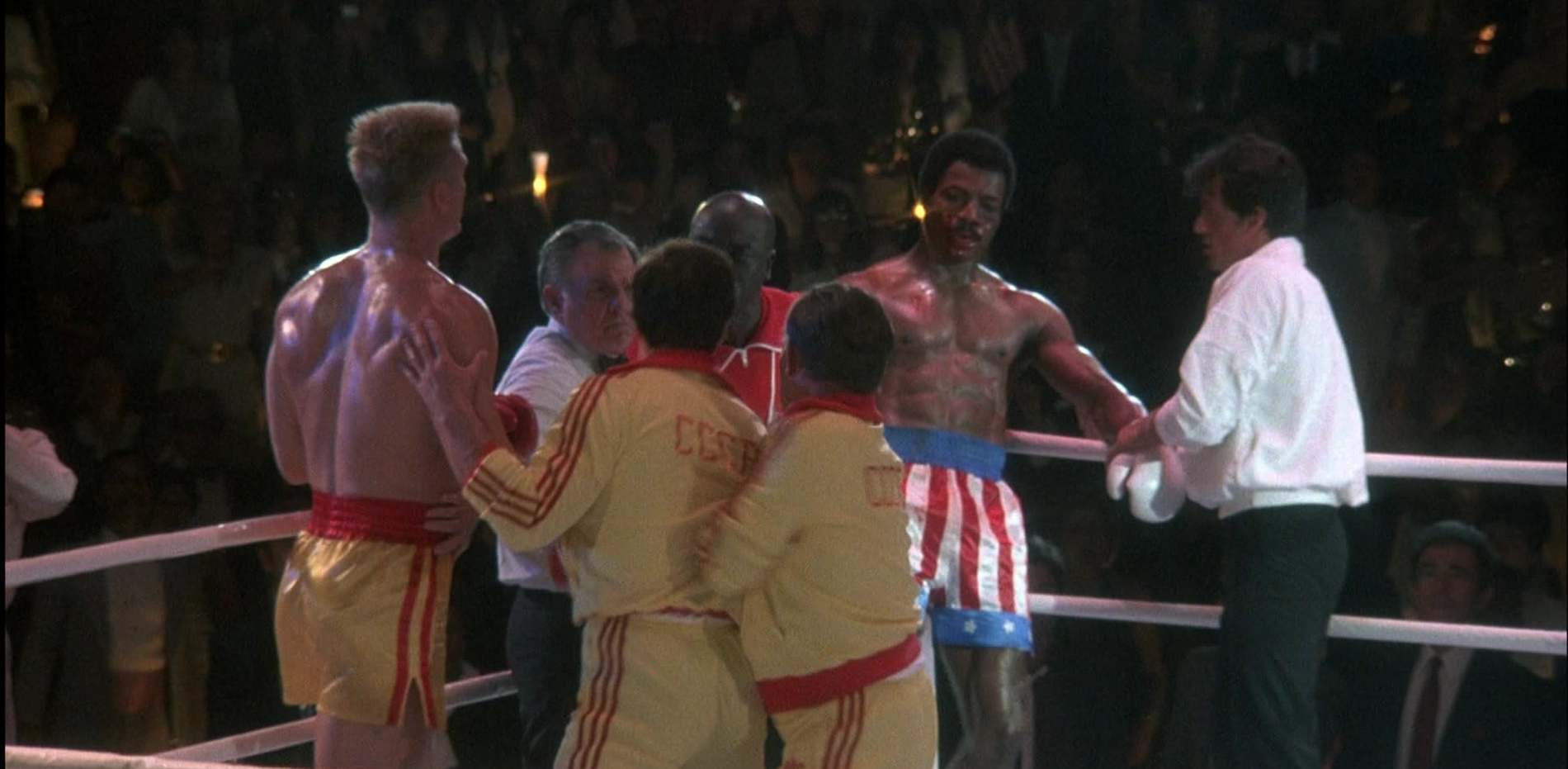 Dolph Lundgren, Carl Weathers och Sylvester Stallone i ”Rocky IV”.