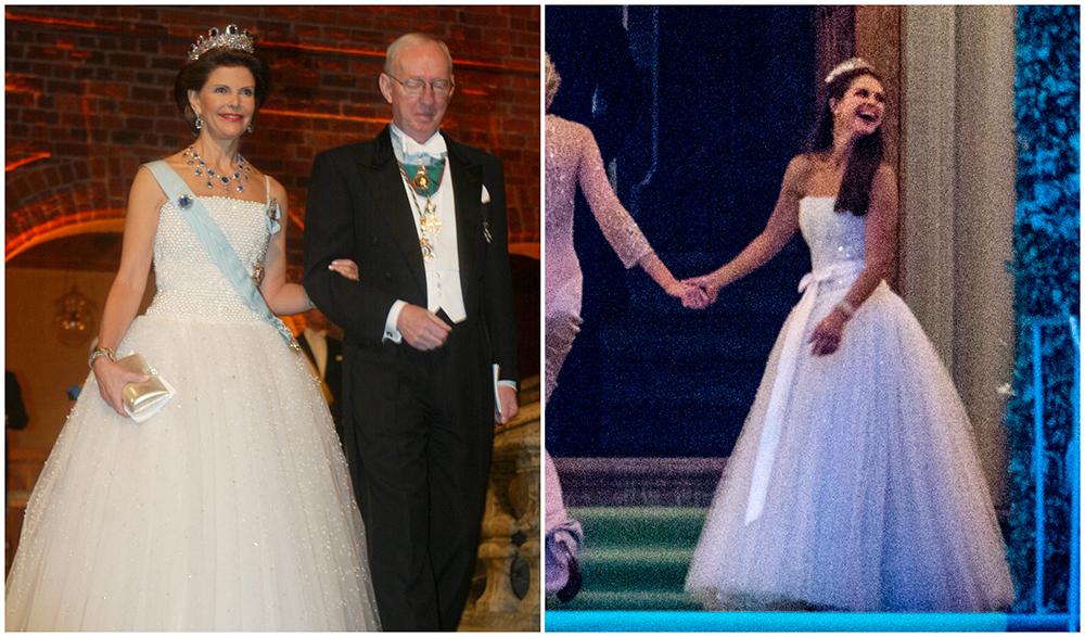 Drottning Silvia bar den gnistrande klänningen i tyll från Nina Ricci vid Nobel 2001. Madeleine lånade den för att ha som kvällsklänning vid sitt bröllop 2013. 
