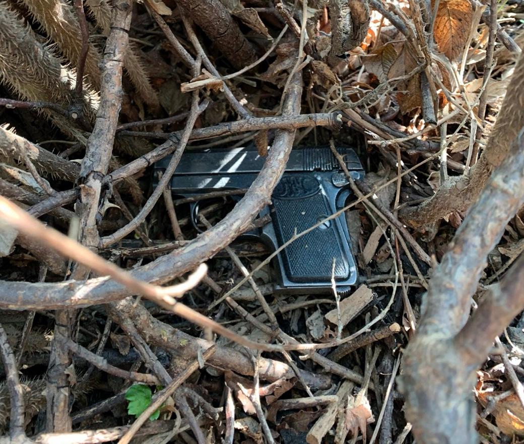 Pistol som hittades i buskage. 