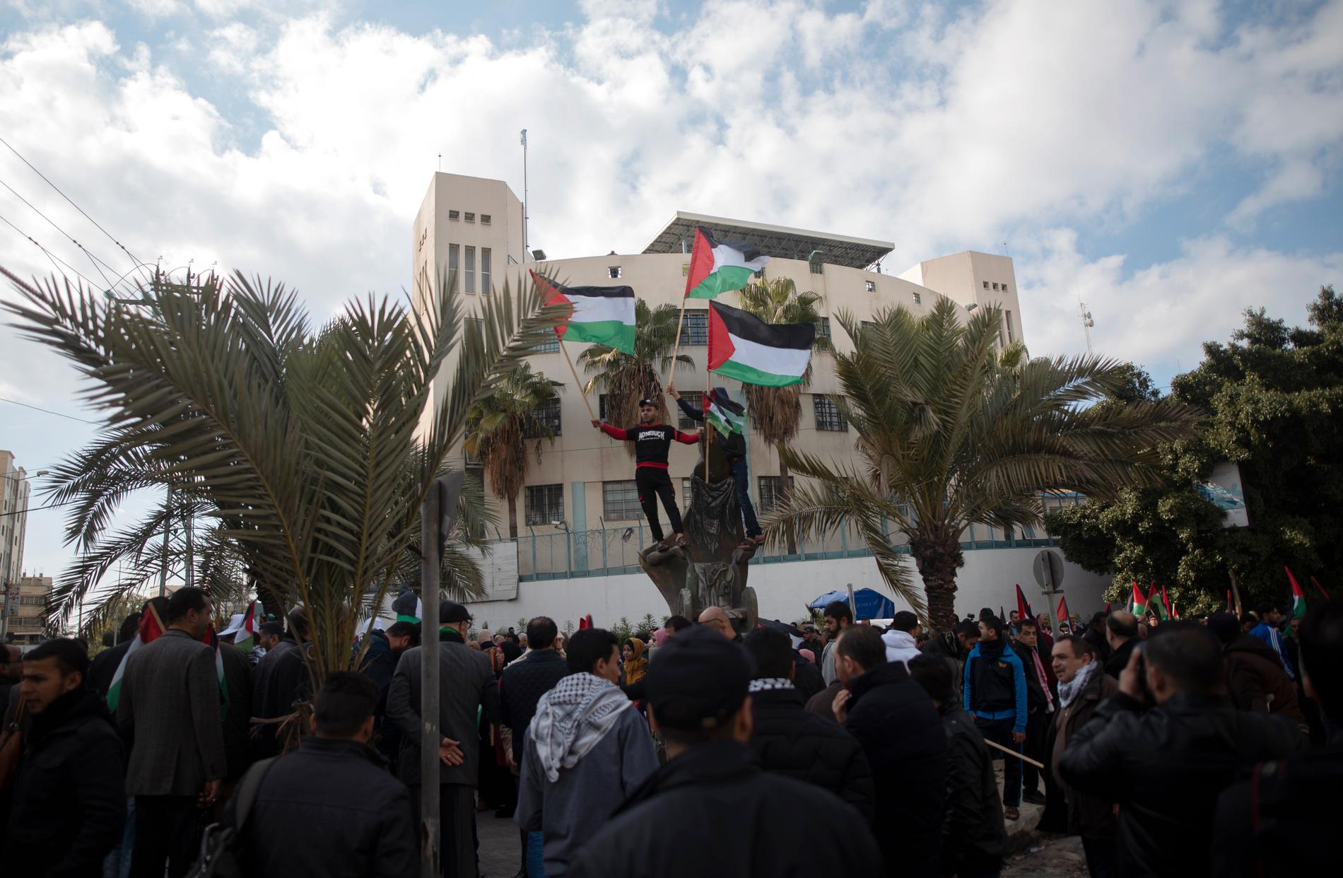 Palestinier i Gaza stad viftar med flaggor under en protest mot USA:s plan för fred i Mellanöstern.