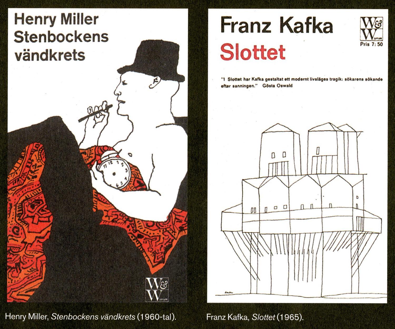 Omslag till svenska utgåvor av Henry Miller och Franz Kafka.