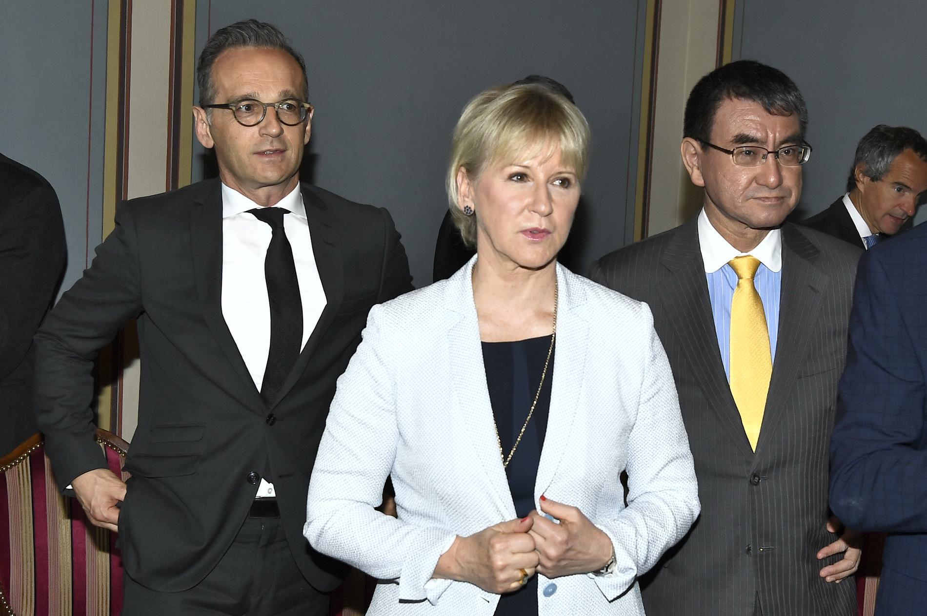 Sveriges utrikesminister Margot Wallström med sina kollegor Heiko Maas från Tyskland och Taro Kono från Japan.