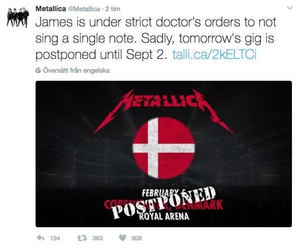 Metallica ger fansen den tråkiga nyheten via Twitter och mejl.