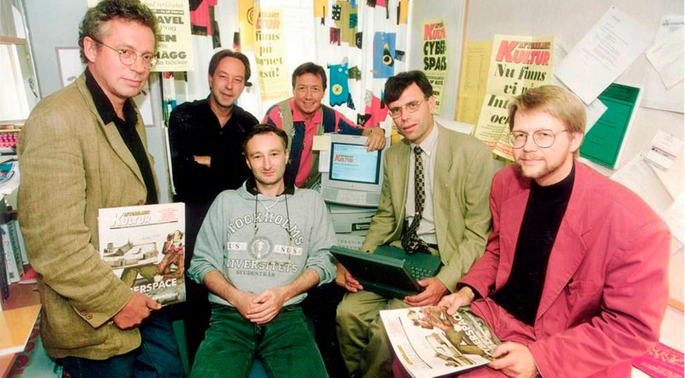 Premiär för Aftonbladet.se i augusti 1994. Från vänster Håkan Jaensson, Anders Paulrud, Mark Comerford, Bo Hedin, Gunnar Strömblad och Thorbjörn Lindskog. 
