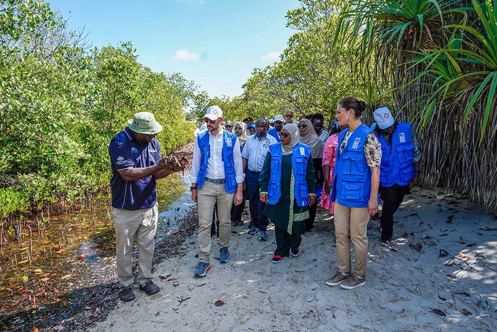 Victoria och Haakon vid ett fältbesök med lokal FN-personal och UNDP-representanter vid Mangroveskogen i Gazi, Kwale, Kenya. Projektet Mikoko Pamoja syftar till att bevara och nyplantera mangroveskog.