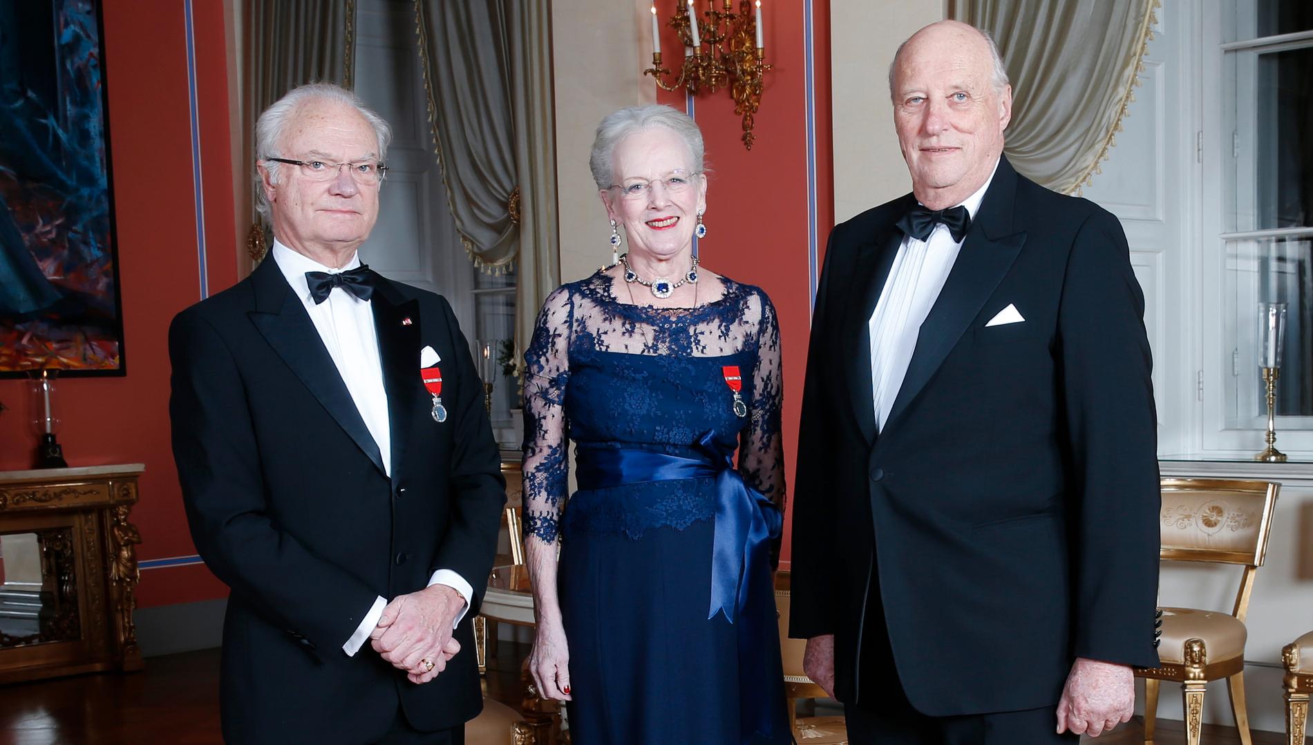 Nordens tre regenter kung Carl Gustaf, drottning Margrethe och kung Harald. Arkivbild.