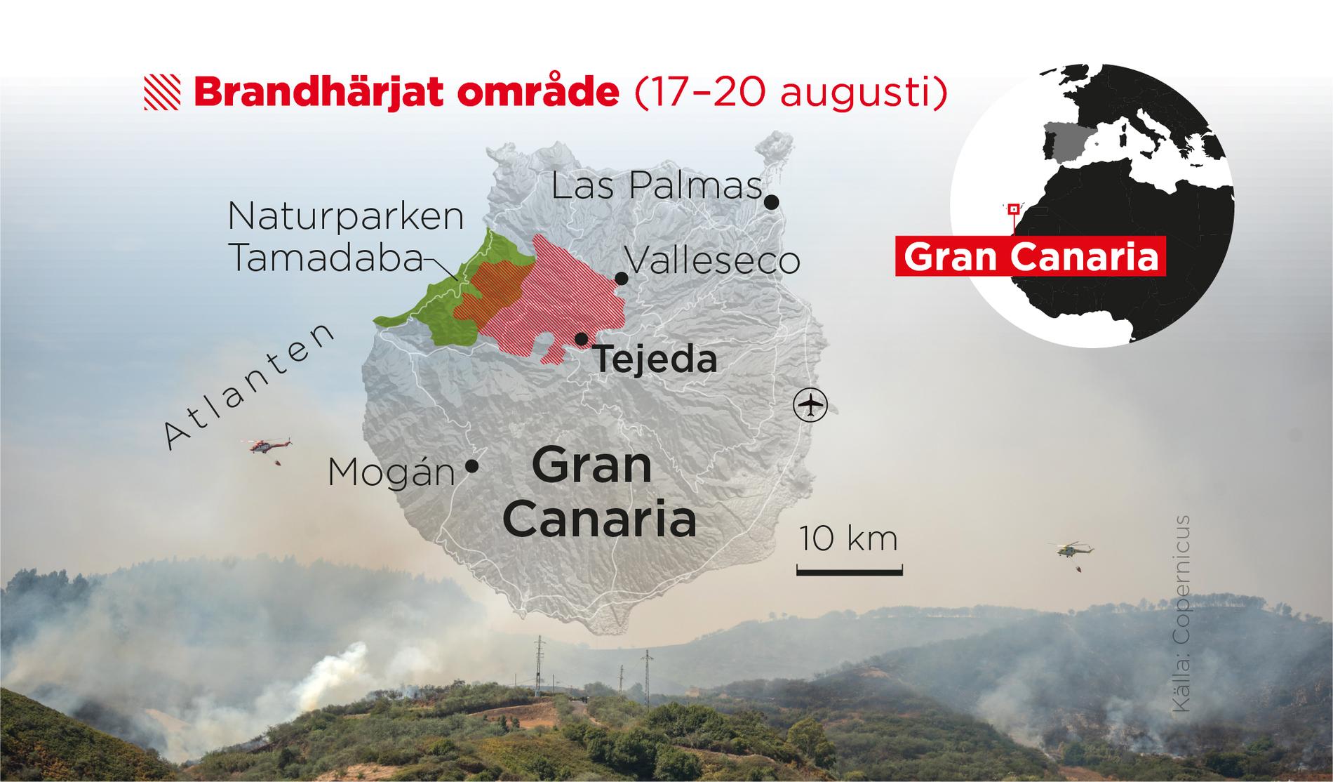Det eldhärjade området på Gran Canaria, som är en del av Kanarieöarna, 17–20 augusti.