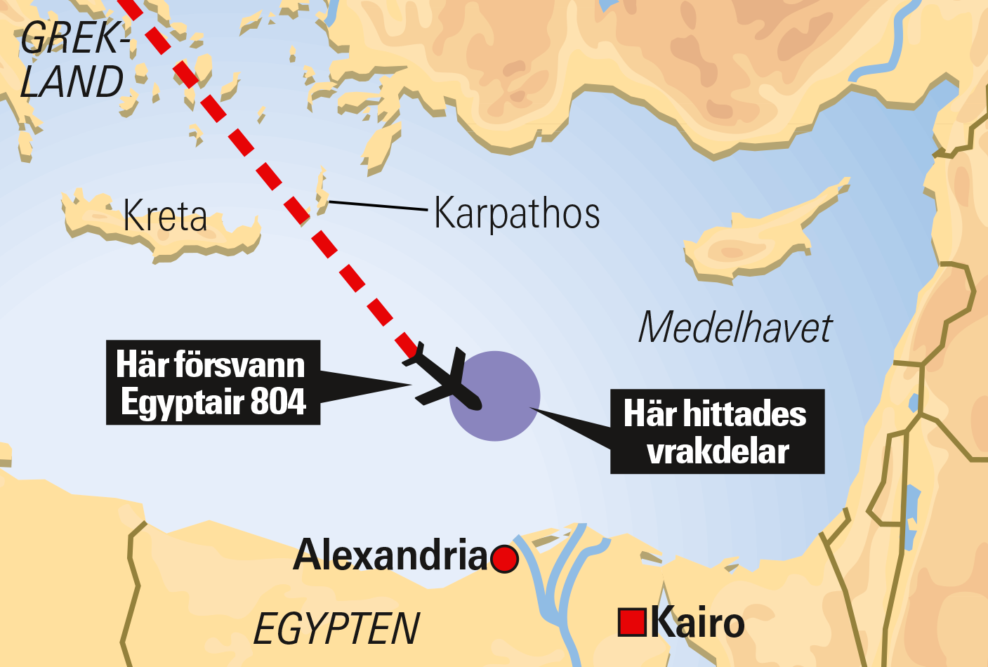 Här har föremål hittats som man misstänker är delar av det saknade planet, enligt egyptisk militär.