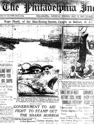 The Philadelphia Inquirer satte hajskräcken i New Jersey 1916 på förstasidan.