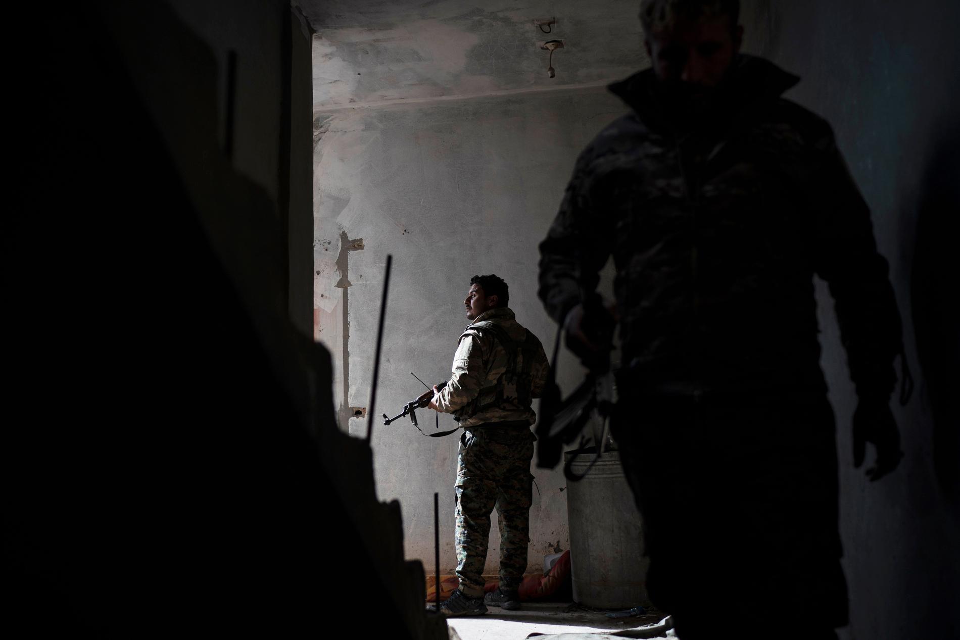 SDF-milis genomsöker en byggnad i byn Baghouz på lördagen.