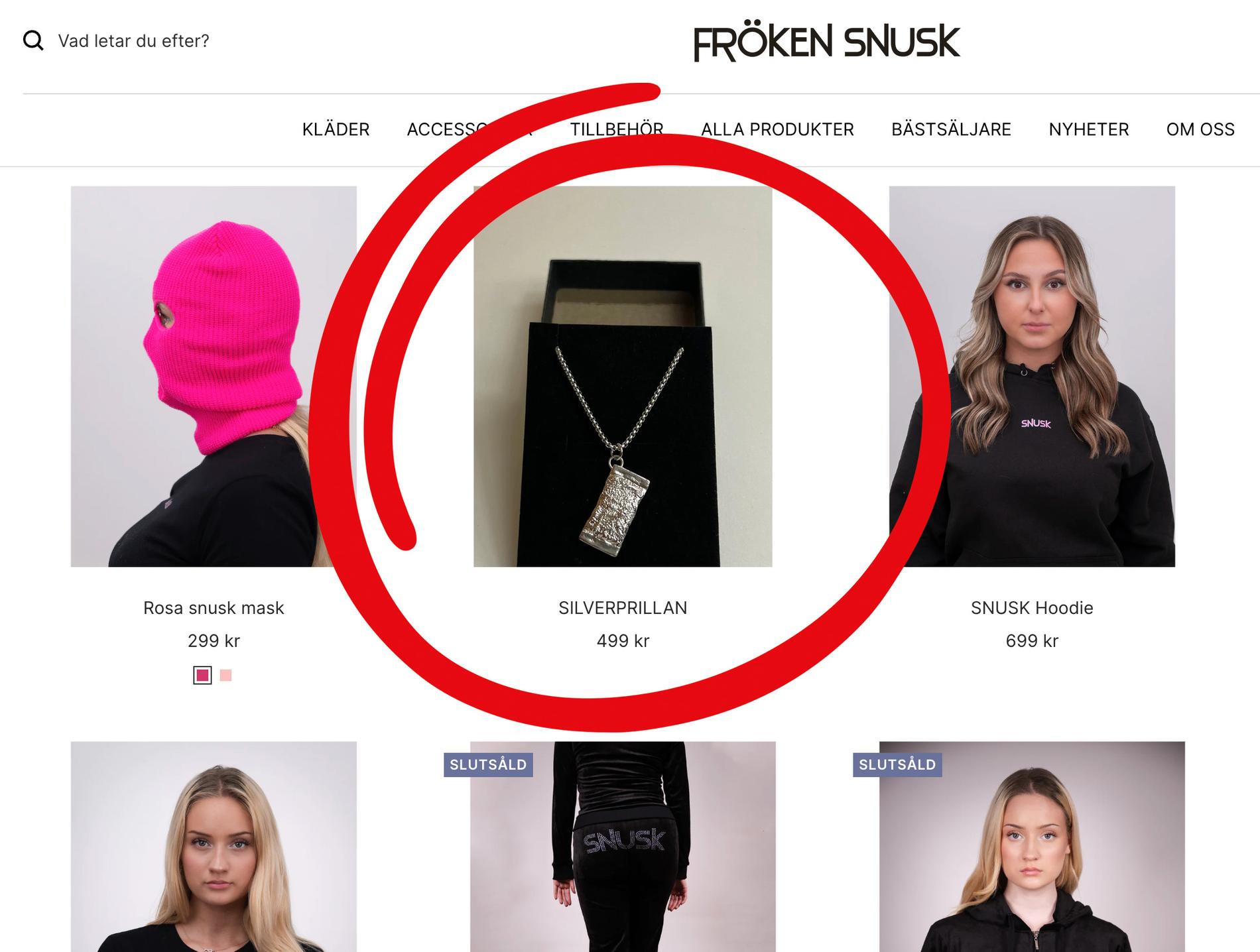 Här säljs ”Silverprillan” på Frökens Snusks officiella webbshop, under samma namn och till samma pris som Louise Erianders smycke. 