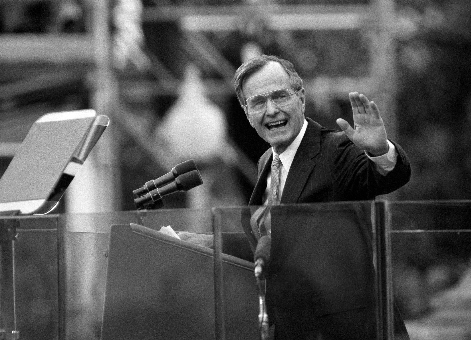 President George H. W. Bush during his inauguration, Jan. 20, 1989, in Washington. Bush, the 41st president of the United States and the father of the 43rd, who steered the nation through a tumultuous period in world affairs but was denied a second term after support for his presidency collapsed under the weight of an economic downturn and his seeming inattention to domestic affairs, died on Friday, Nov 30, 2018.