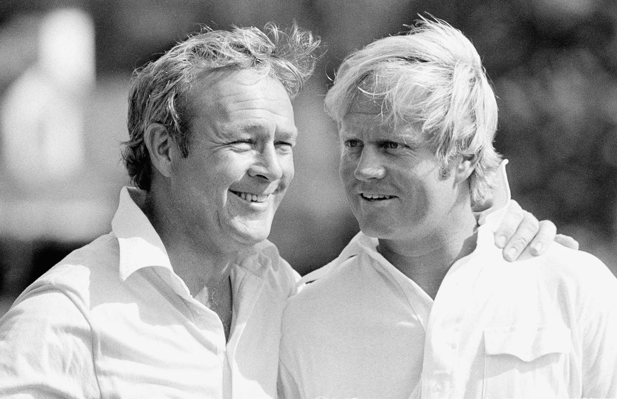 GOLFENS STÖRSTA. Arnold Palmer tillsammans med landsmannen Jack Nicklaus på Augusta National.