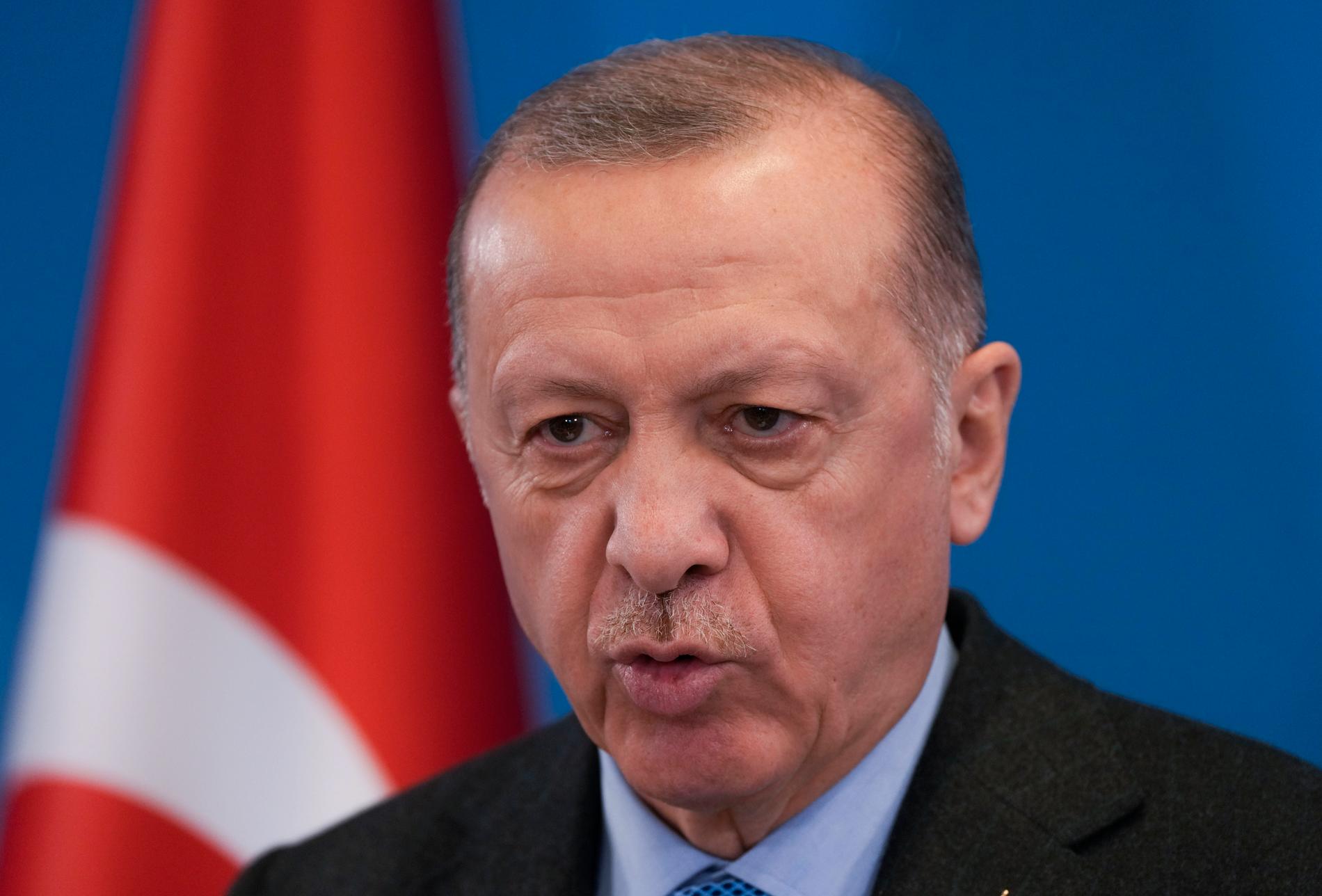Turkiets president Recep Tayyip Erdogan vid ett möte med Nato i mars. Arkivbild.