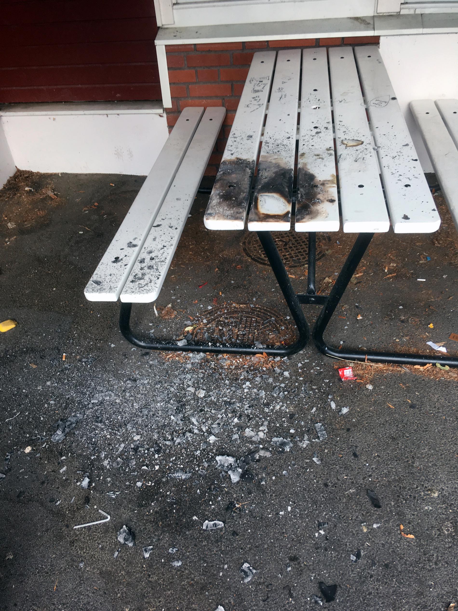 Utöver hakkorsen hade någon bränt bänkarna som står på skolgården.