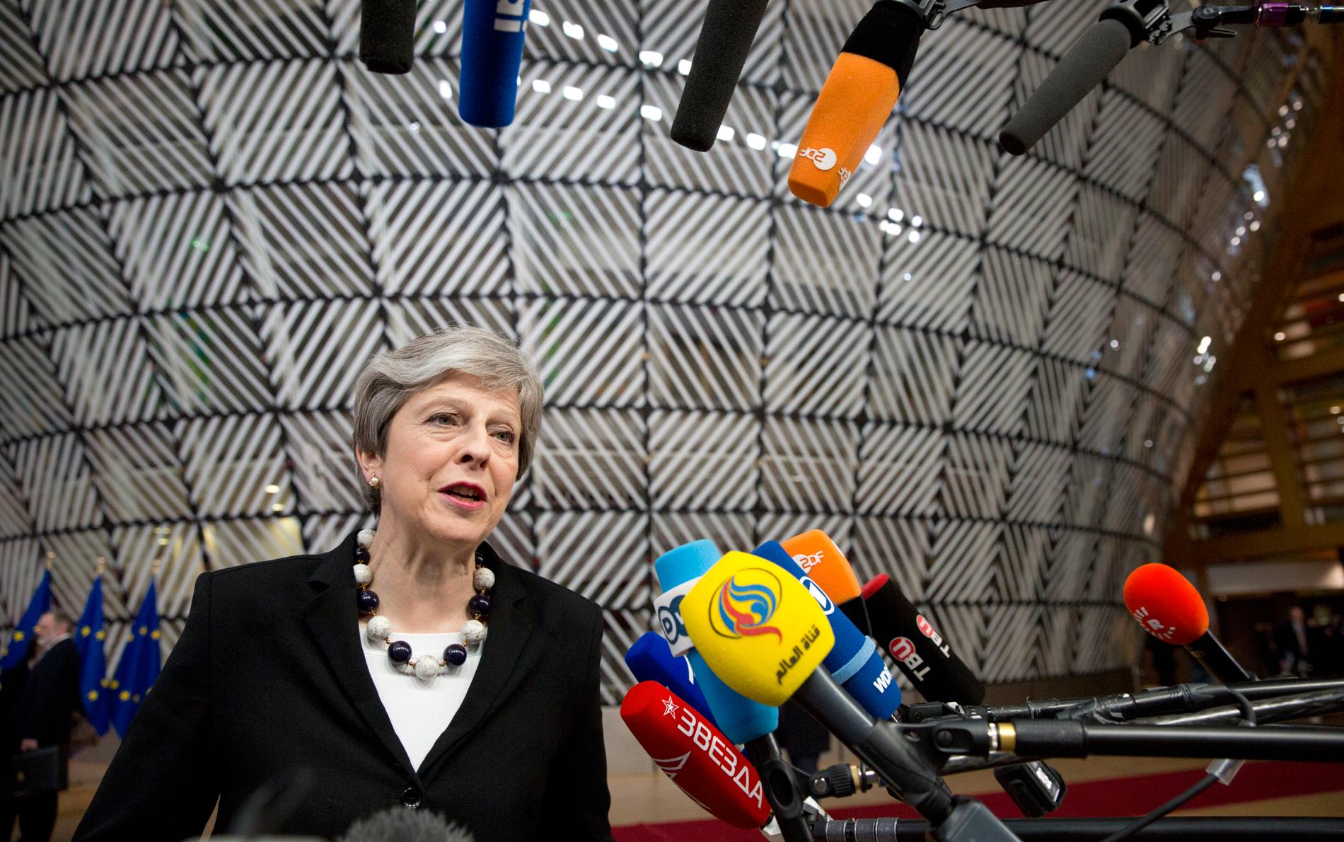 Storbritanniens premiärminister Theresa May inför ett möte i Bryssel. Arkivbild.