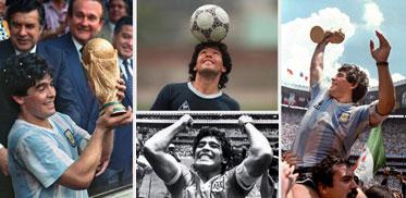 KUNGEN AV KUNGAR Höjdpunkter från Maradonas spektakulära karriär. Den vänstra, högra och nedersta bilden är från VM i Mexiko 1986. Överst leker han under en träning.