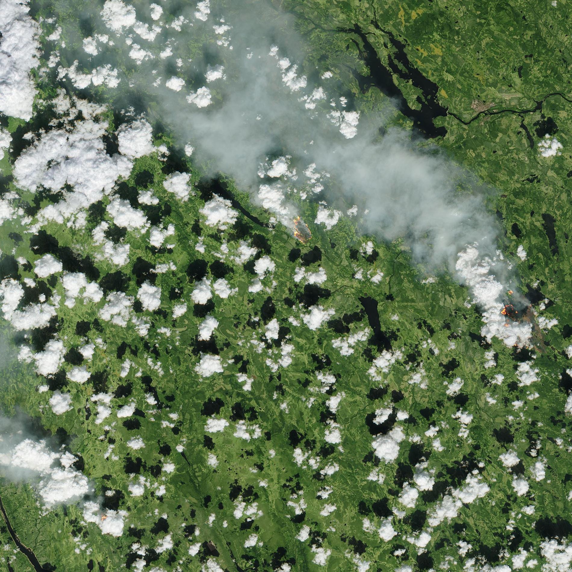 Satellitbild på skogsbranden söder och sydväst om Sveg i onsdags.