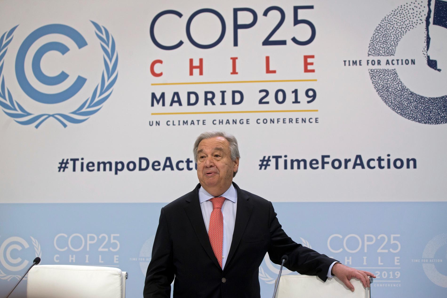 FN-chefen António Guterres på en pressträff inför veckans klimatmöte i Madrid.