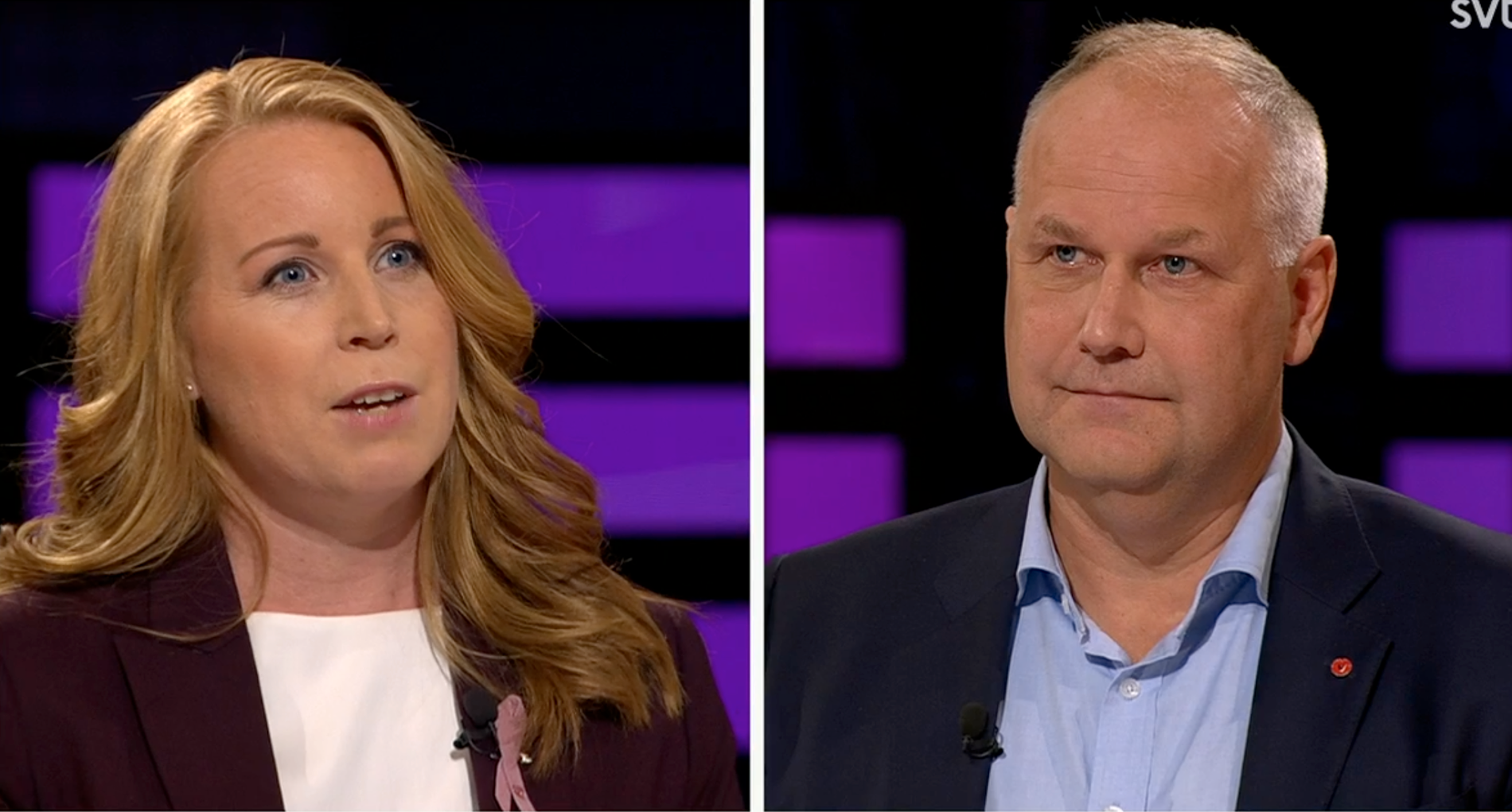 I första debatten möttes Annie Lööf och Jonas Sjöstedt i en debatt om jobben.