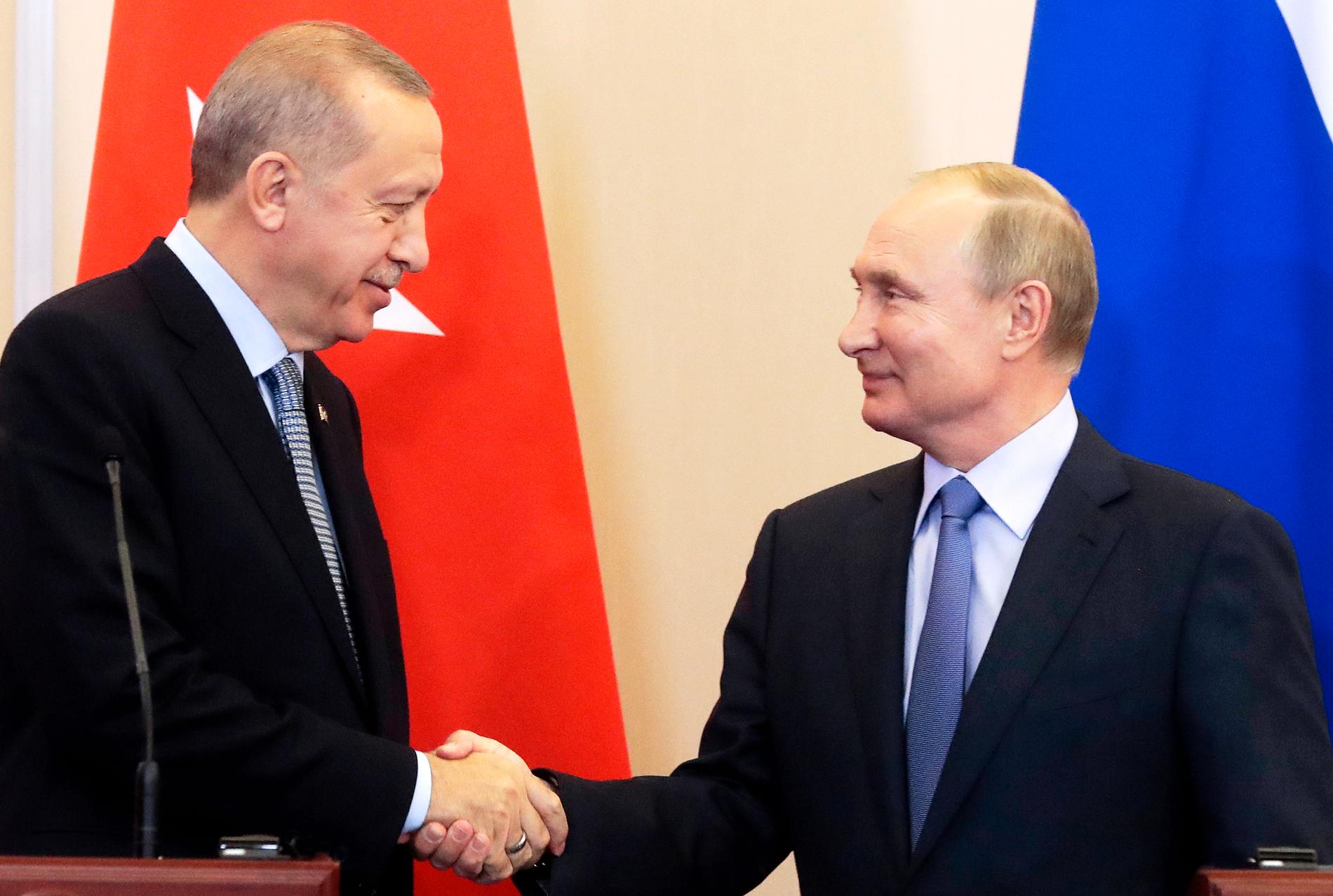 Turkiets president Recep Tayyip Erdogan och Vladimir Putin skakar hand efter parternas samtal i Sotji.