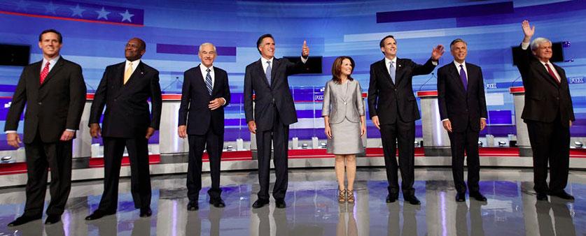 DE VILL UTMANA OBAMA Från vänster: Rick Santorum, Herman Cain, Ron Paul, Mitt Romney, Michele Bachmann, Tim Pawlenty, Jon Huntsman, Newt Gingrich.