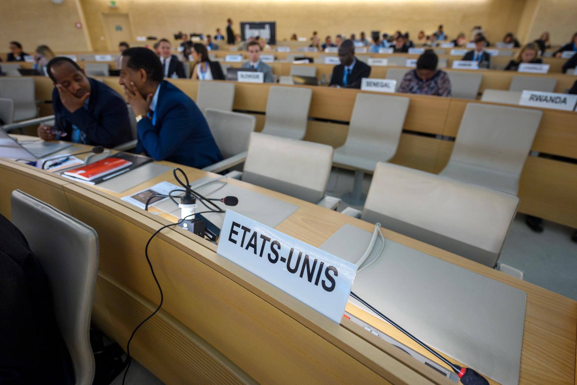 USA:s plats vid FN:s människorättsråd i Genève. Arkivbild från i juni 2018.