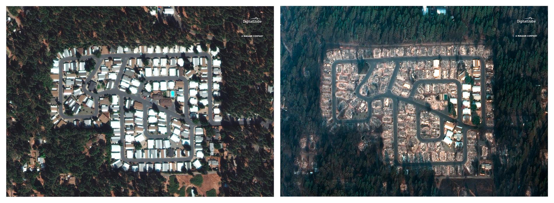 Satellitbilder av ett område i staden Paradise, före och efter branden.