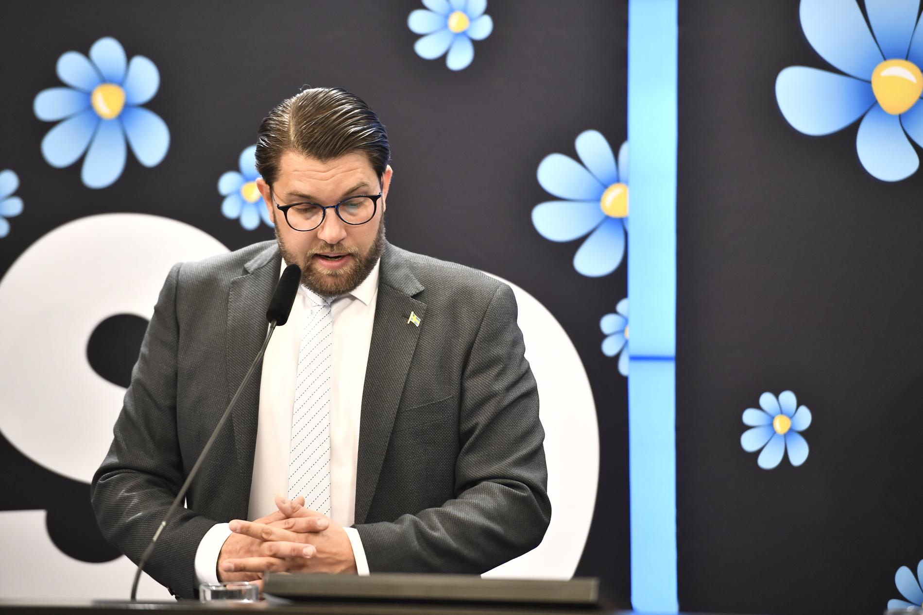 Partiledaren Jimmie Åkesson på Sverigedemokraternas pressträff med anledning av de migrationspolitiska samtalen.