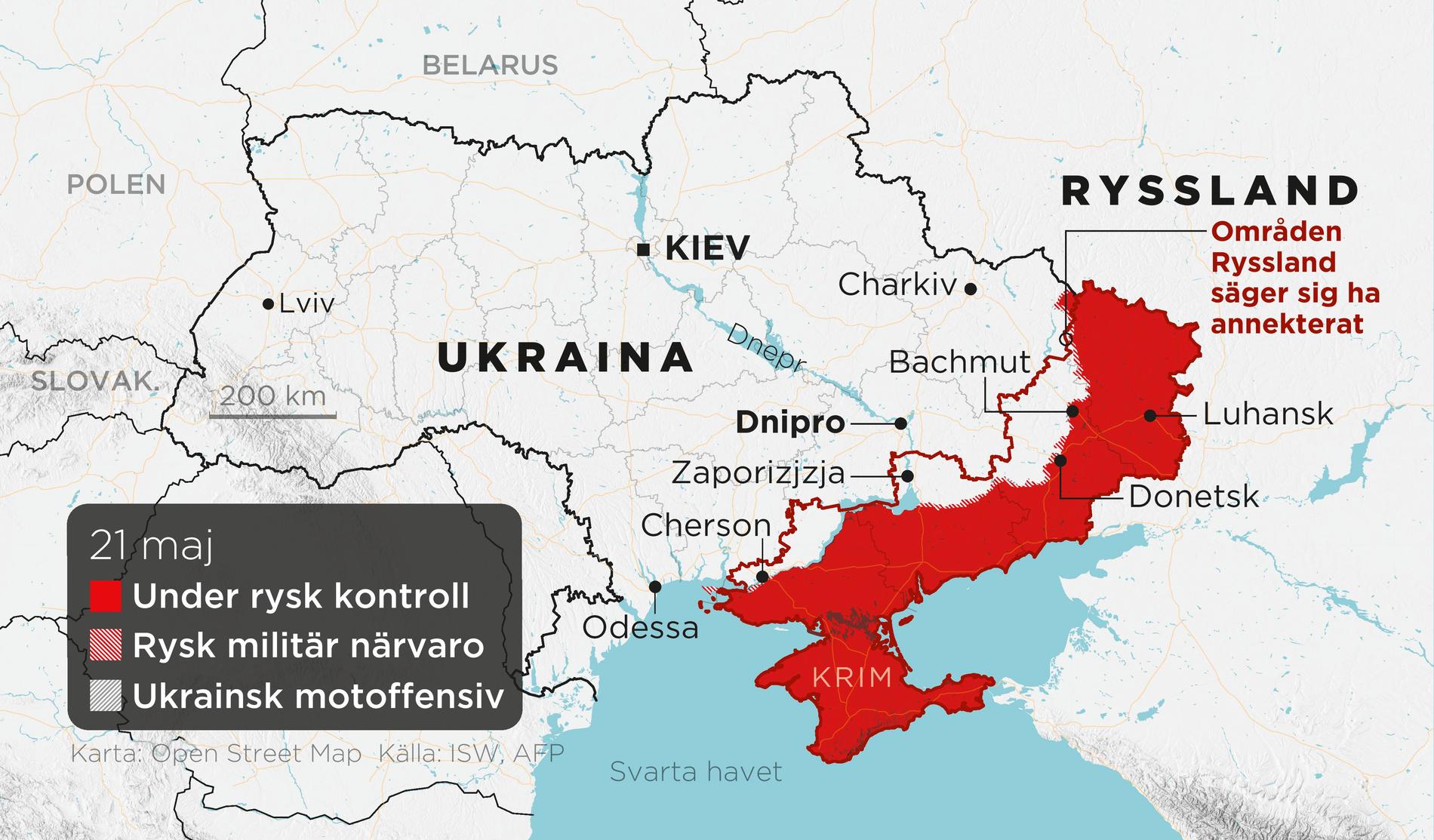 Områden under rysk kontroll, områden med rysk militär närvaro, ukrainska motoffensiver samt annekterade områden t o m den 21 maj.
