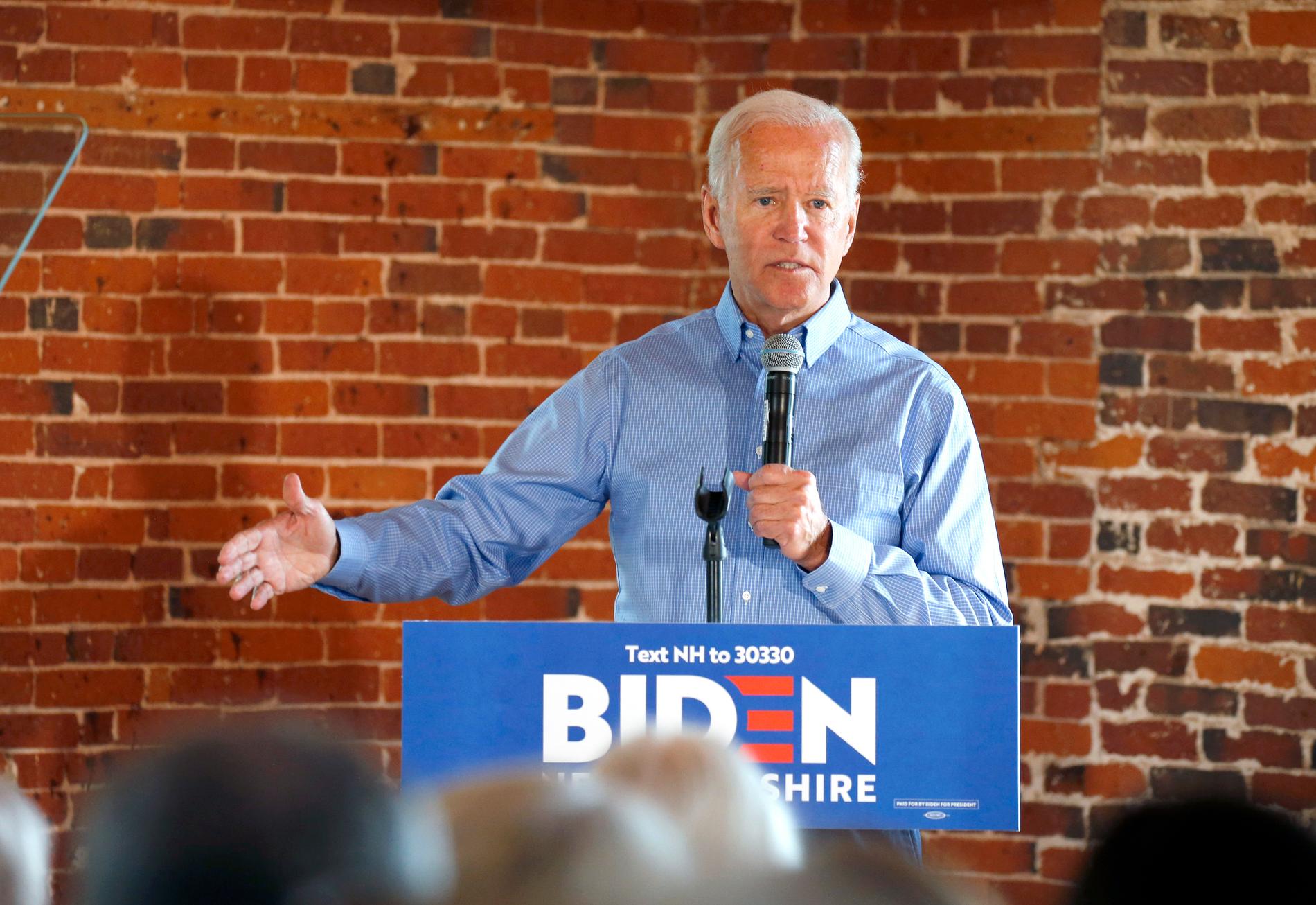 Den demokratiske presidentaspiranten och tidigare vicepresidenten Joe Biden i New Hampshire.