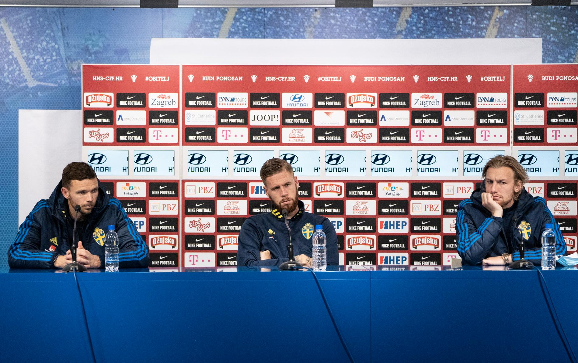 Marcus Berg, Pontus Jansson och Emil Forsberg på presskonferens.