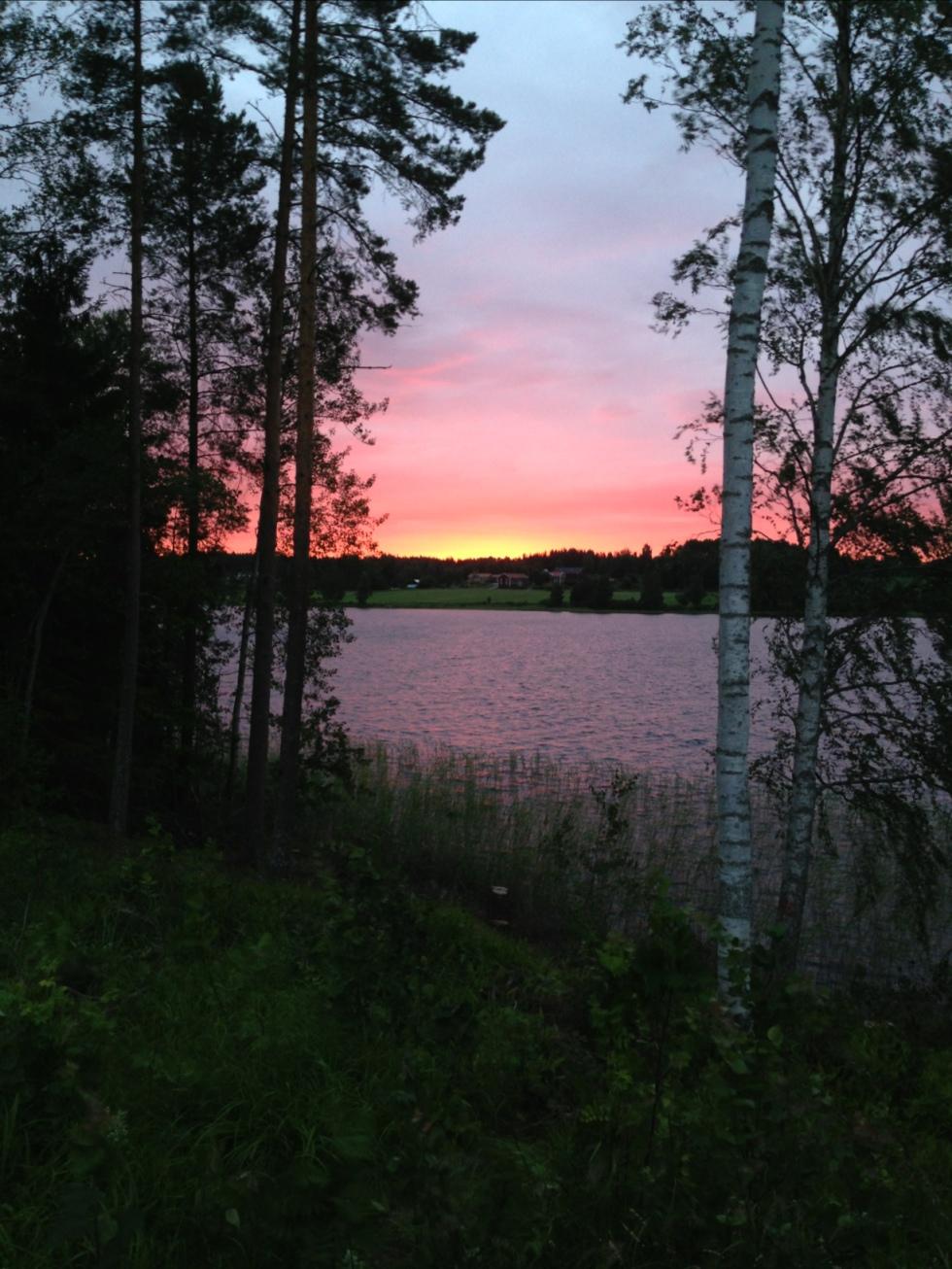 ”Mysig solnedgång. Vi var på besök hos släkten i Delsbo, Hälsingland. Och en kväll möttes vi av denna vackra solnedgången på sista hundpromenaden.”