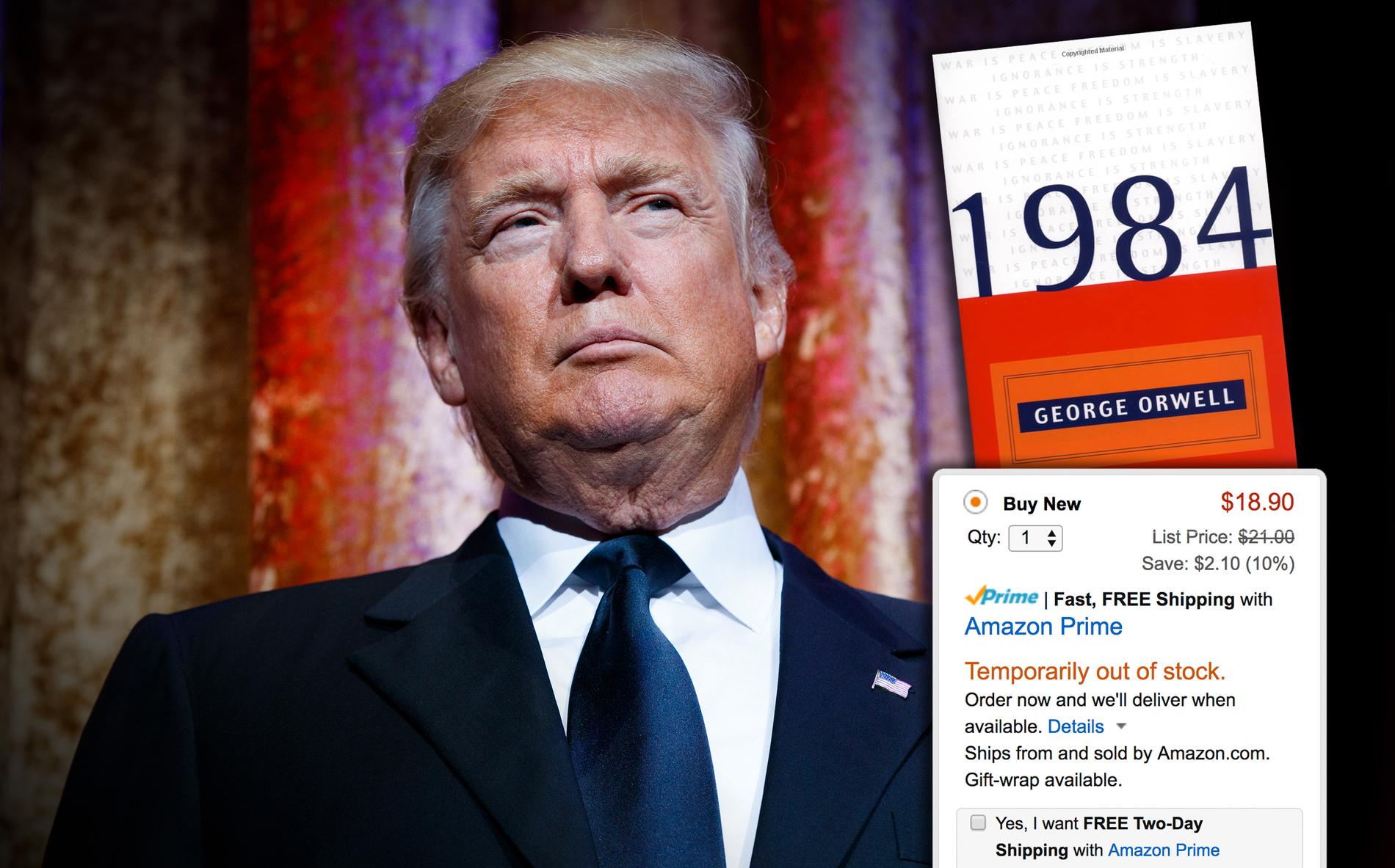 Den som vill köpa ”1984” på Amazon möts av beskedet att den är ”Tillfälligt slut”. Anledningen: Trumps tillträde.