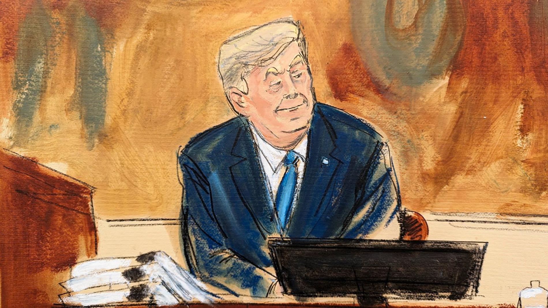 Sketch målad av Trump i salen. 