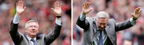 Sir Alex Ferguson tackar publiken på Old Trafford efter 2-1-segern mot Chelsea.
