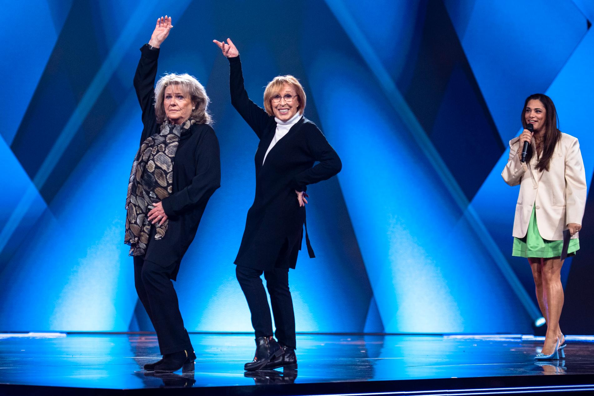 Eva Rydberg och Ewa Roos under fredagens repetitioner inför deltävling 1 i Melodifestivalen 2023 i Göteborg.