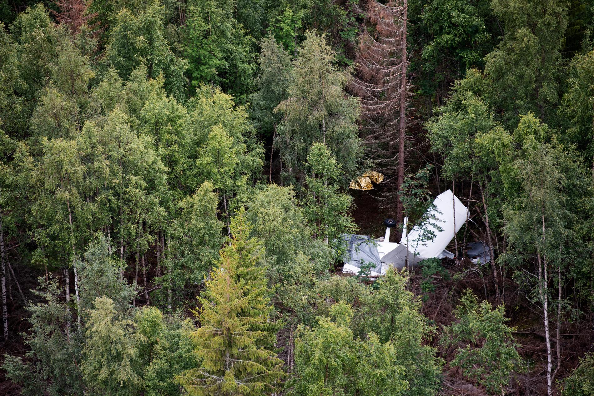 Resterna av flygplanet på Storsandskär dagen efter flygolyckan där nio personer omkom.