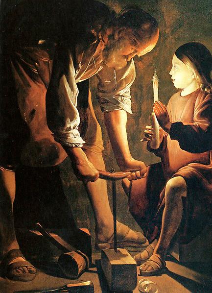 ”Den helige Josef snickaren”. Jesus ger arbetsljus åt sin fosterfar. Målning av Georges de La Tour, 1642.