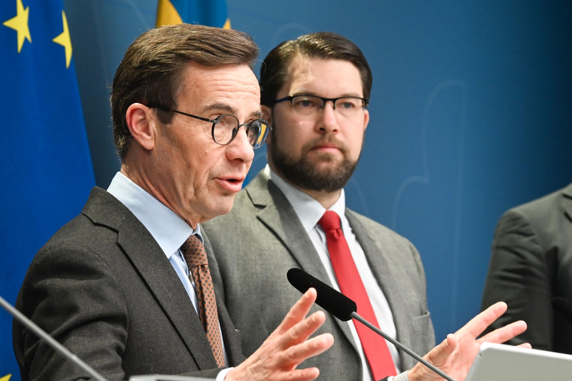 Statsminister Ulf Kristersson (M) och Sverigedemokraternas partiledare Jimmie Åkesson (SD)