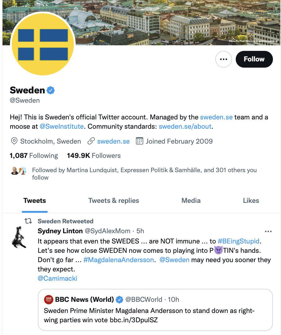 Faksimil från Sveriges officiella twitterkonto @Sweden.
