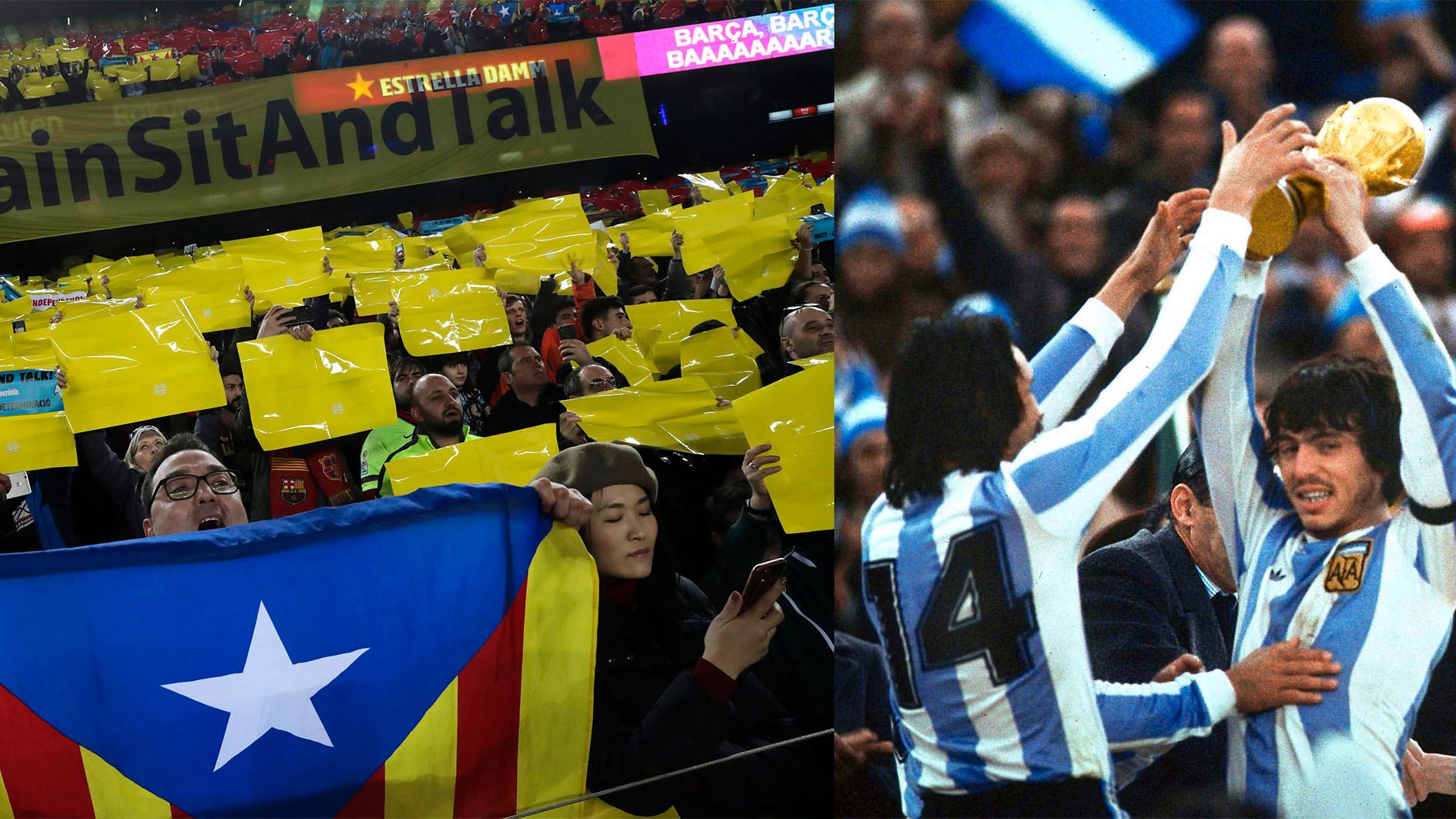 FC Barcelona upprätthåller en katalansk identitet och utmanar därmed den spanska centralmakten. T h: Argentina vinner VM på hemmaplan 1978.